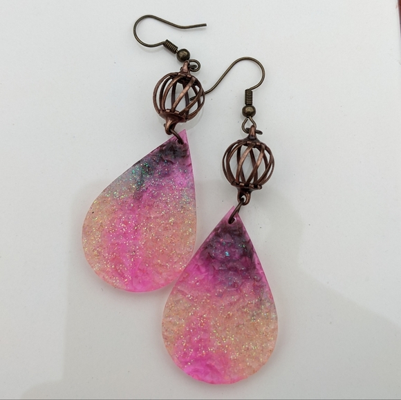 Sparkly Druzy Earrings Handmade Resin Glitter Cute Dangly Brass Unique Festival - Picture 8 of 10